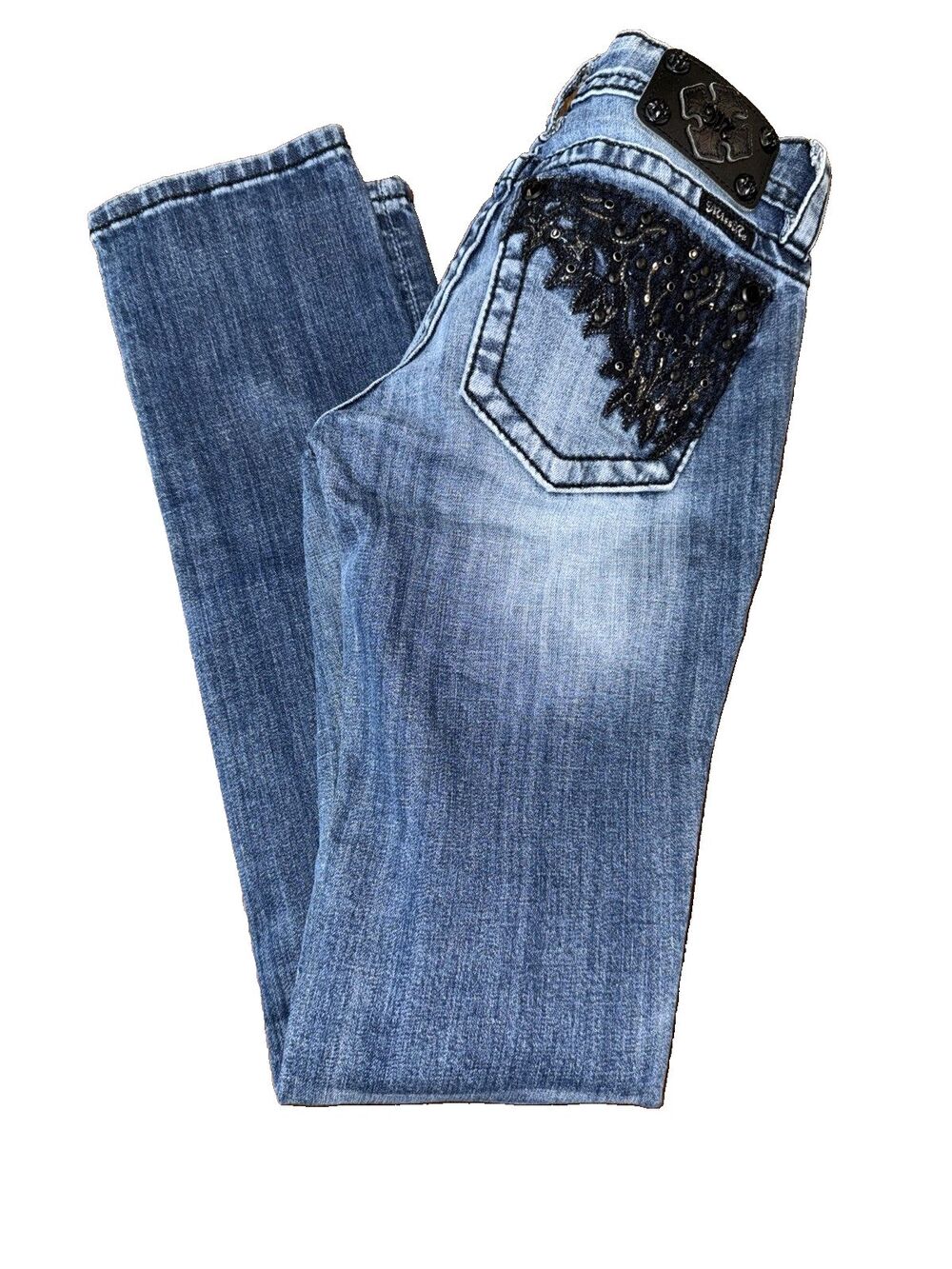 Miss Me Y2K Low Rise Straight Jeans 25 Black Lace Crystal Studded Embellished